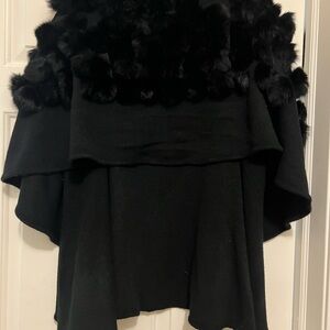 Neiman Marcus Black Poncho with Fur Trim